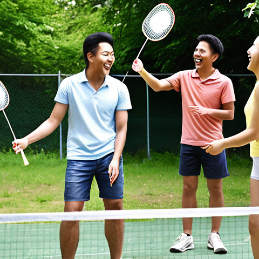 **A group of diverse friends playing badminton outdoors, laughing and enjoying each other's company. Bright, sunny day. Emphasize the social and joyful aspects of the game.**