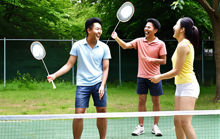 **A group of diverse friends playing badminton outdoors, laughing and enjoying each other's company. Bright, sunny day. Emphasize the social and joyful aspects of the game.**