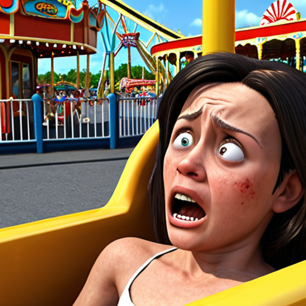 **Amusement Park Ride Accident:** A dramatic, slightly cartoonish depiction of a person experiencing a minor accident on an amusement park ride. Focus on conveying surprise and slight discomfort rather than serious injury. Include park signage and other park-goers in the background.