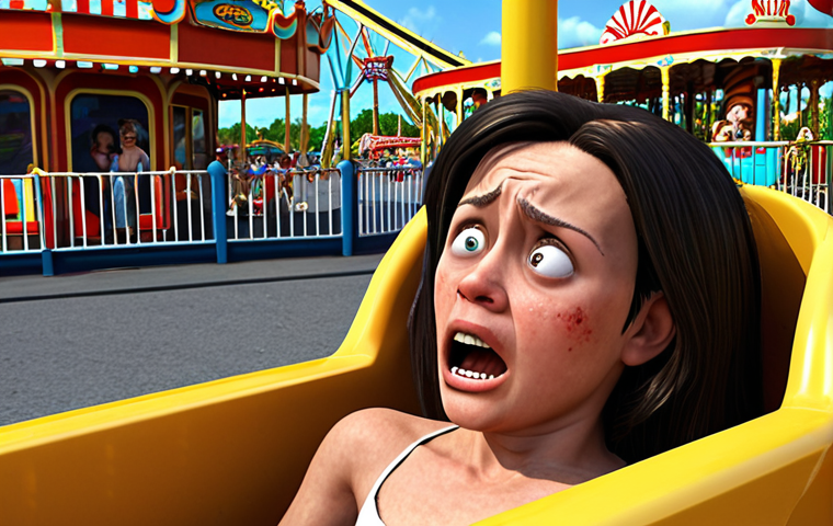 **Amusement Park Ride Accident:** A dramatic, slightly cartoonish depiction of a person experiencing a minor accident on an amusement park ride. Focus on conveying surprise and slight discomfort rather than serious injury. Include park signage and other park-goers in the background.