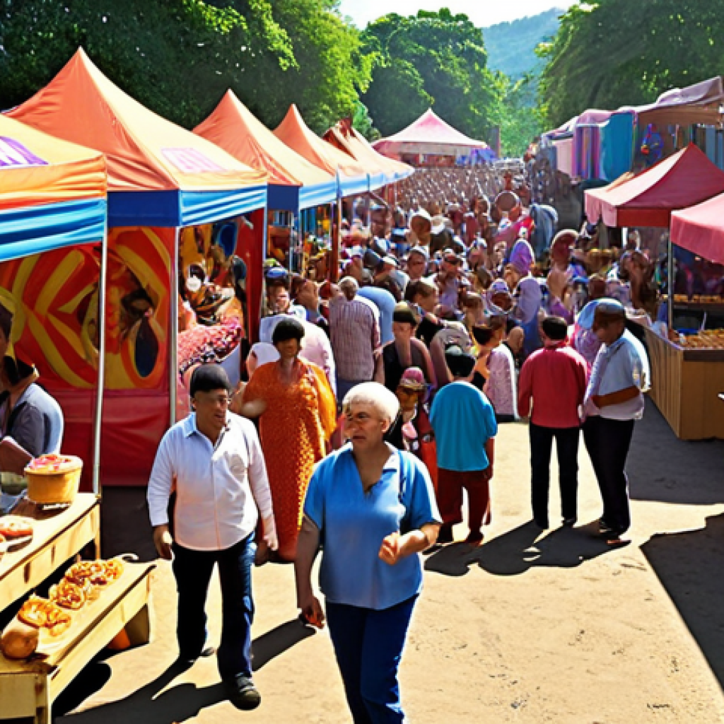 **Crowd Enjoying Local Entertainment:** A vibrant scene of a local community enjoying an outdoor event. Feature music, food stalls, and people of all ages engaging in games and social activities. The overall atmosphere should be joyful and reflect a strong sense of community.