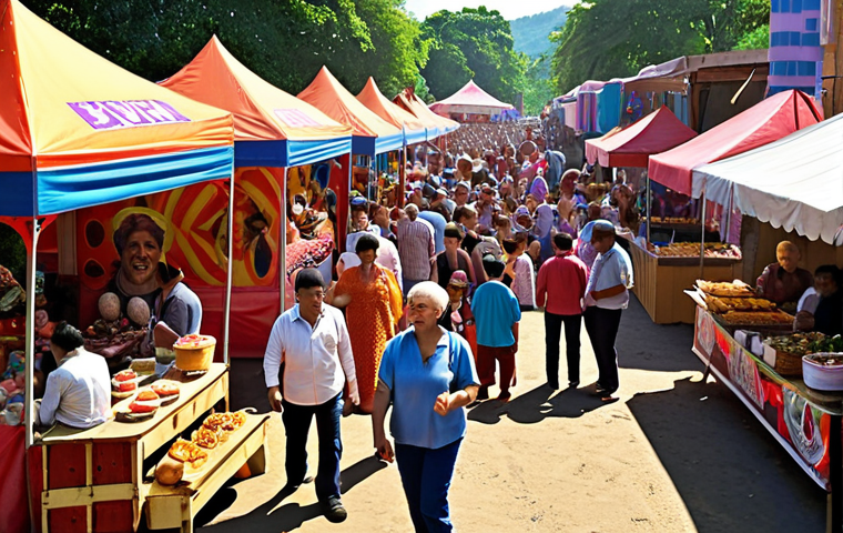 **Crowd Enjoying Local Entertainment:** A vibrant scene of a local community enjoying an outdoor event. Feature music, food stalls, and people of all ages engaging in games and social activities. The overall atmosphere should be joyful and reflect a strong sense of community.