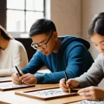 Home 9 레크리에이션 워크숍 개최 방법 - **Prompt:** A diverse group of adults and teenagers are deeply engrossed in a "Coffee Cup Calligraph...