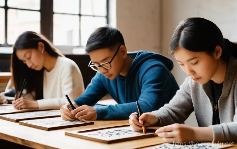 레크리에이션 워크숍 개최 방법 - **Prompt:** A diverse group of adults and teenagers are deeply engrossed in a "Coffee Cup Calligraph...