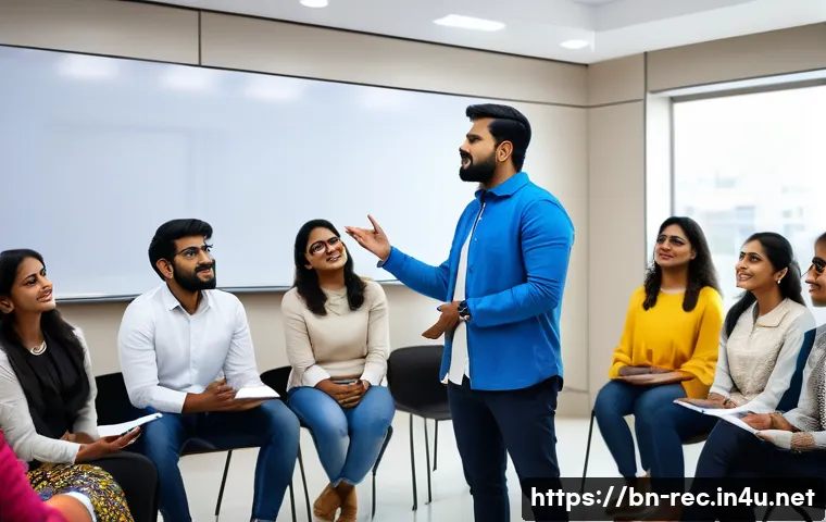 레크리에이션 지도자의 커뮤니케이션 스킬 - A diverse team leader conducting a workshop on clear communication skills, speaking confidently to a...