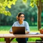 레크리에이션 업무에서의 창의성 발휘 - A serene outdoor workspace scene in a lush green park during daytime, featuring a young Bengali prof...