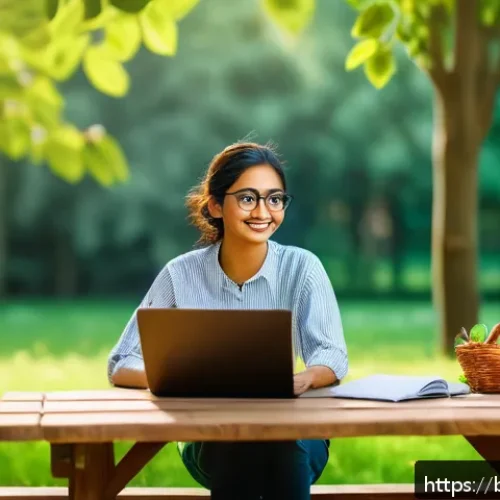 레크리에이션 업무에서의 창의성 발휘 - A serene outdoor workspace scene in a lush green park during daytime, featuring a young Bengali prof...