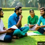 레크리에이션 지도자 직무 설명서 - A vibrant community recreation leader facilitating a group discussion outdoors in a lush green park ...